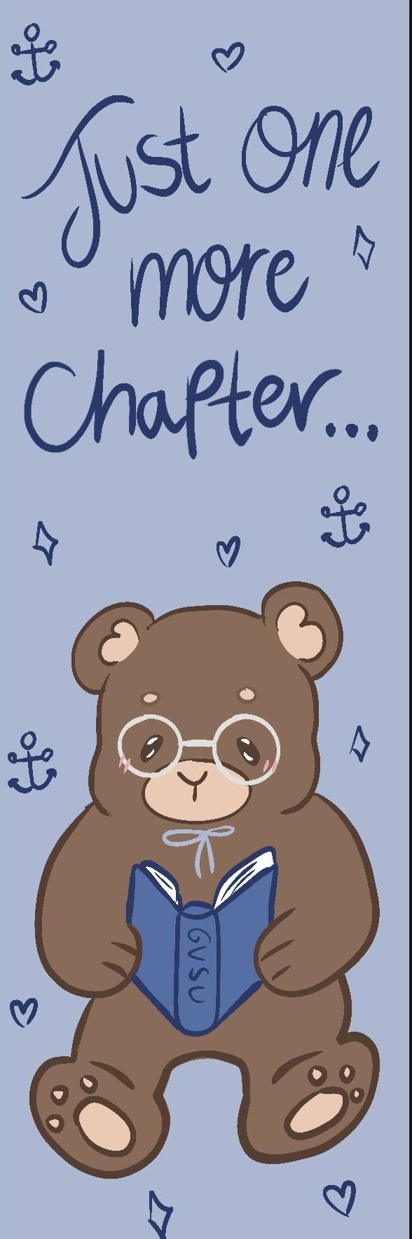 text "just one more chapter..." with a bear wearing glasses while reading a book